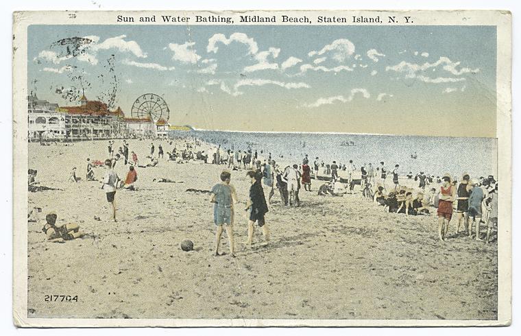Sun and Water Bathing, Midland Beach, Staten Island, N.Y.  [people on beach, buildings and ferris wheel in distance.]