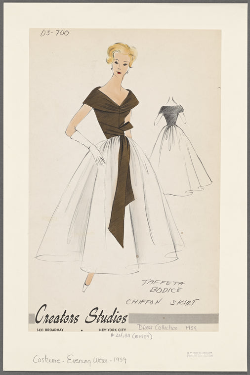Evening dress with shawl collar, taffeta bodice and full-length chiffon skirt, decorative sash