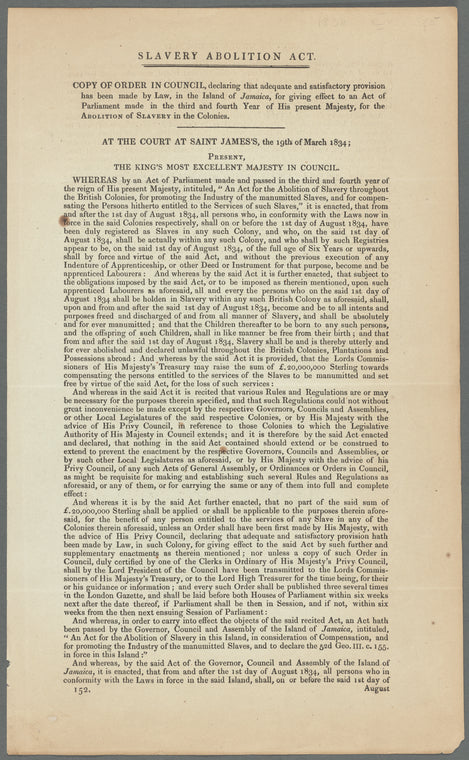 Slavery Abolition Act: order in council relative to the abolition of slavery in the colonies (Jamaica)