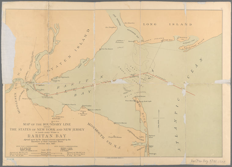 Map of the boundary line between the states of New York and New Jersey in lands under water in Raritan Bay: agreed upon by the commissioners appointed by the governors of their respective states on October 12, 1887