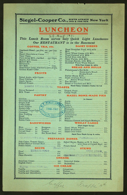 LUNCHEON [held by] SIEGEL-COOPER CO. [at] "SIXTH AVE AND 18TH & 19TH STS., NY" (LUNCHROOM;)
