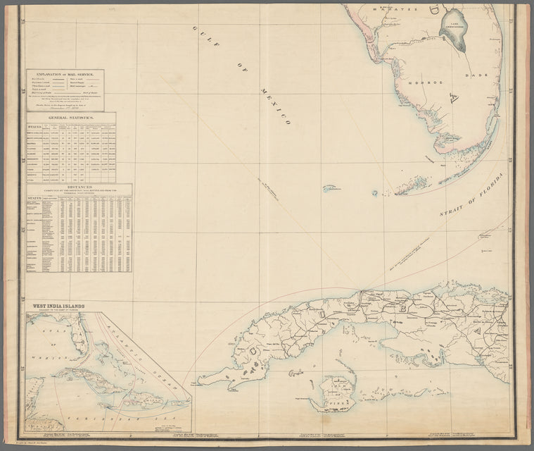 Preliminary post route map of the state of Florida : with adjacent parts of South Carolina, Georgia and Alabama : showing also the neighboring West India Islands