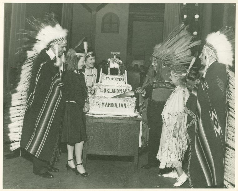 Oscar Hammerstein II, Agnes De Mille, Armina Marshall, Richard Rodgers, Theresa Helburn and Lawrence Langner (Theatre Guild and creative team), celebrating the 4th anniversary of Oklahoma! on Broadway