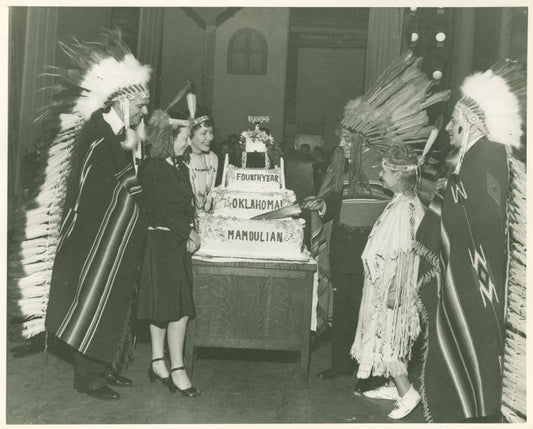 Oscar Hammerstein II, Agnes De Mille, Armina Marshall, Richard Rodgers, Theresa Helburn and Lawrence Langner (Theatre Guild and creative team), celebrating the 4th anniversary of Oklahoma! on Broadway