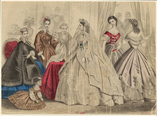 Woman in bridal gown and women in formal dress