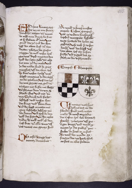 Page of text with coats of arms, initials, and placemarkers