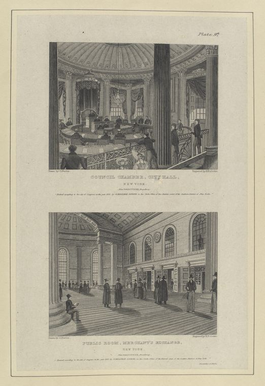 Plate 9th. Council Chamber, City Hall, New York ; Public room, Merchant's Exchange, New York.