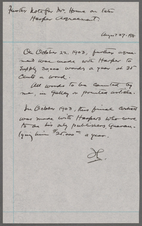 Notes regarding contract with Harpers for the publication of Tom Sawyer Detective and Joan of Arc. Mar. 26, 1895.