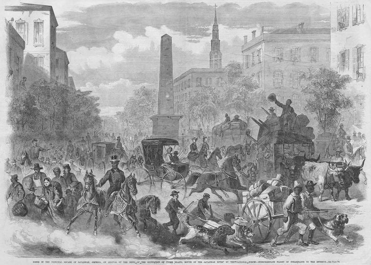 Scene in the principal square of Savannah, Georgia, on arrival of the news of the occupation of Tybee Island, mouth of the Savannah River by the national forces ; Indiscriminate flight of inhabitants to the interior