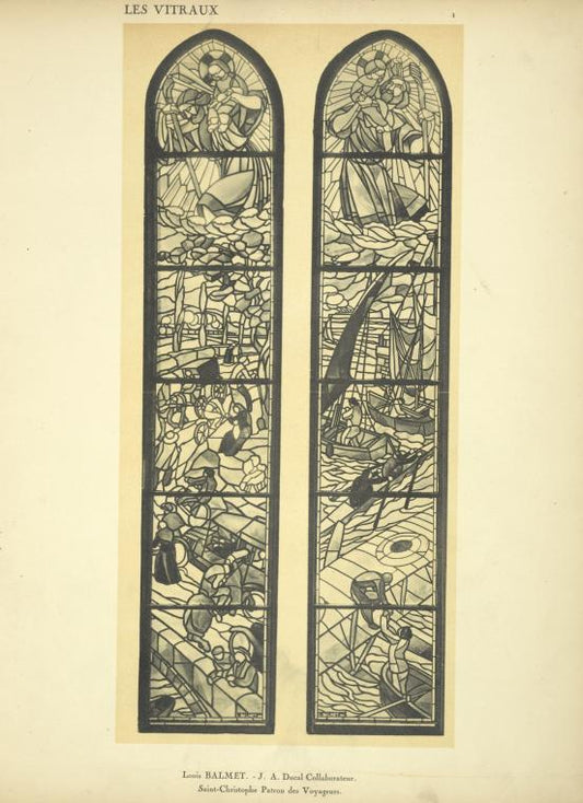 Saint-Christophe, patron des voyageurs. (2 lancettes), au Pavillon de Vitrail, destiné à l'Eglise Saint-Christophe, de Châteauroux.