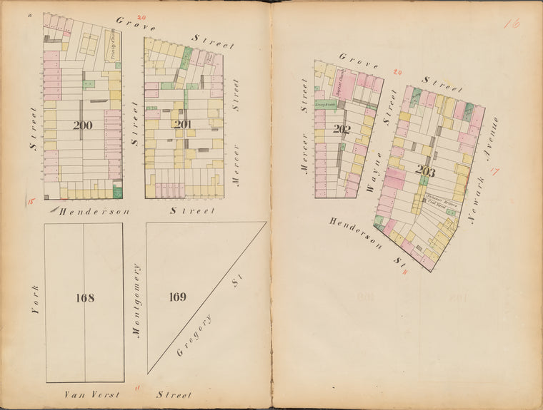 Jersey City, V. 1, Double Page Plate No. 16 [Map bounded by Grove St., Newark Ave., Henderson St., Van Vorst St., York St.]