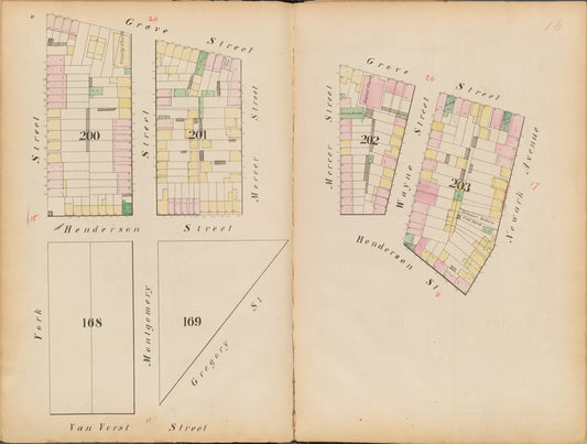 Jersey City, V. 1, Double Page Plate No. 16 [Map bounded by Grove St., Newark Ave., Henderson St., Van Vorst St., York St.]