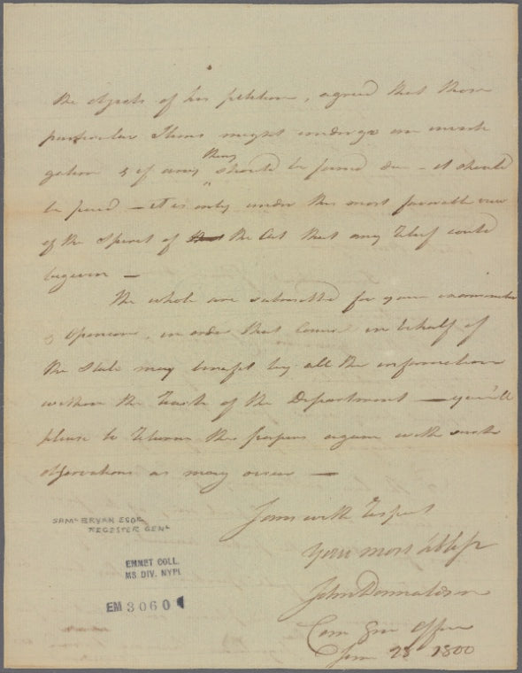 Letter to [Samuel Bryan, Register Gen.]