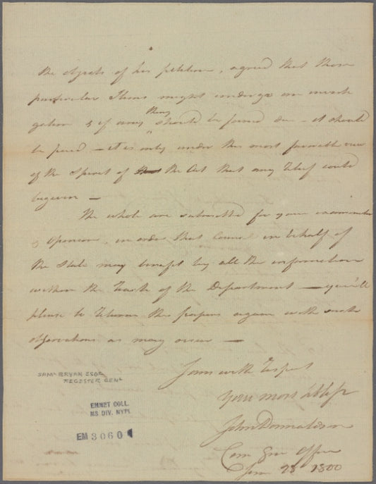 Letter to [Samuel Bryan, Register Gen.]