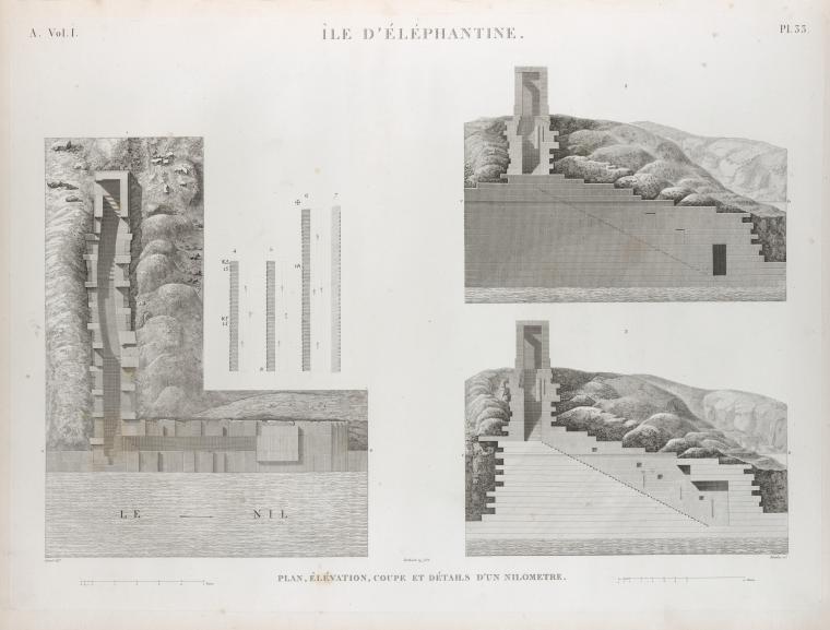 Île d'Éléphantine. Plan, élévation, coupe et détails d'un nilometre.
