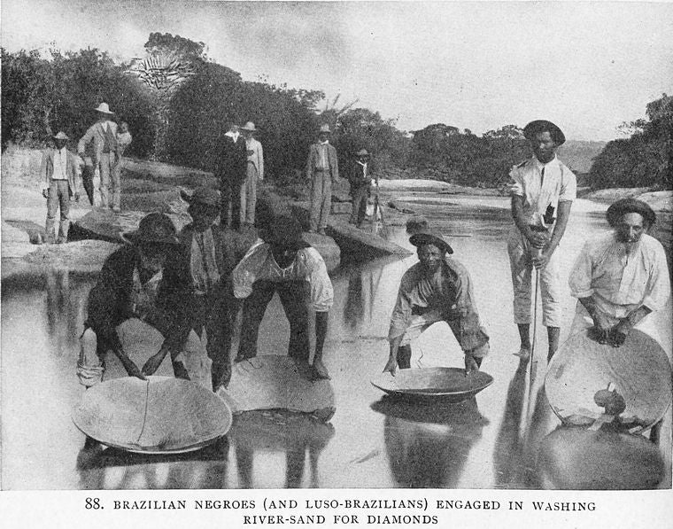 Brazilian Negroes [and Luso-Brazilians] engaged in washing river-sand for diamonds.