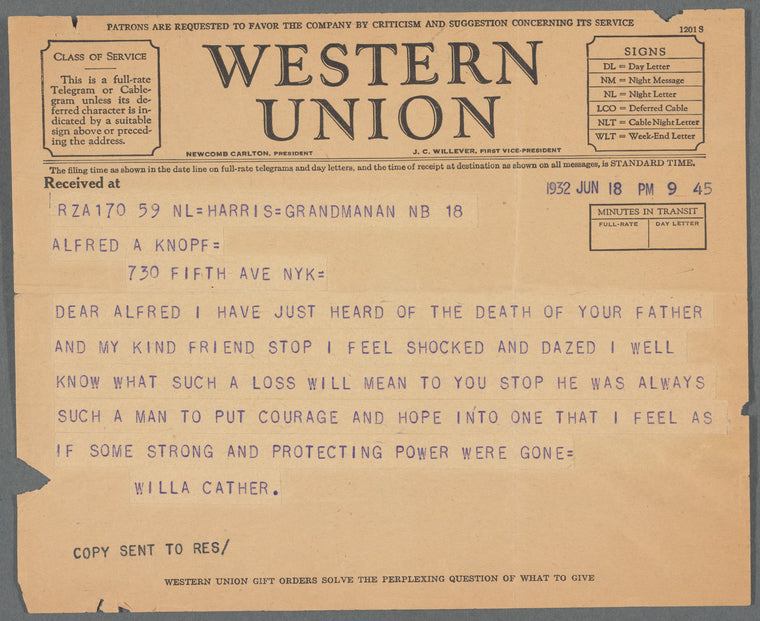 Willa Cather to Alfred Knopf, June 18, 1932: Western Union telegram