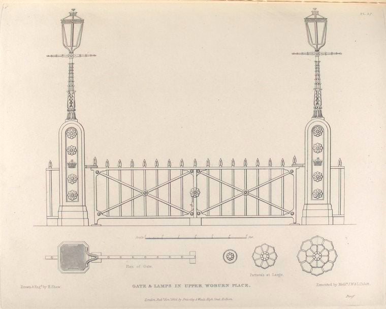 Gate & lamps in Upper Woburn Place.