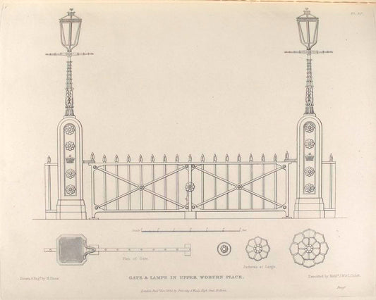 Gate & lamps in Upper Woburn Place.
