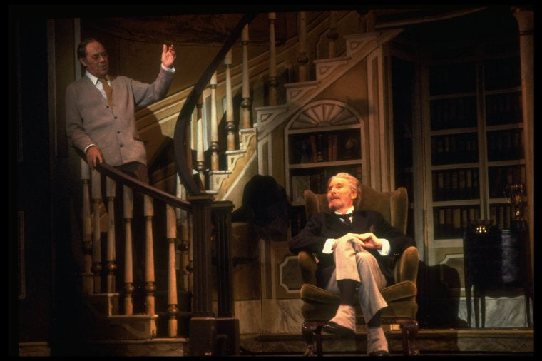 R-L) Actors Jack Gwillim and Rex Harrison  in a scene from the Broadway revival of the musical "My Fair Lady." (New York)