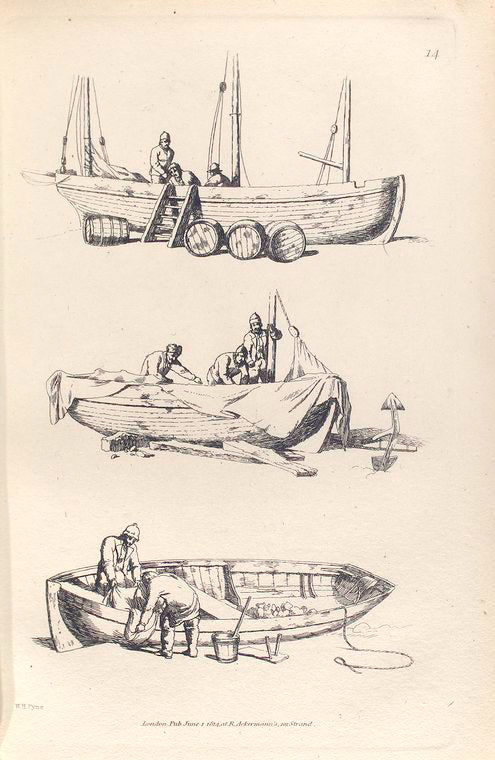 Fishermen work inside boats at low tide