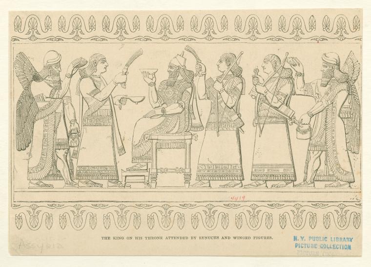The king on his throne attended by eunuchs and winged figures