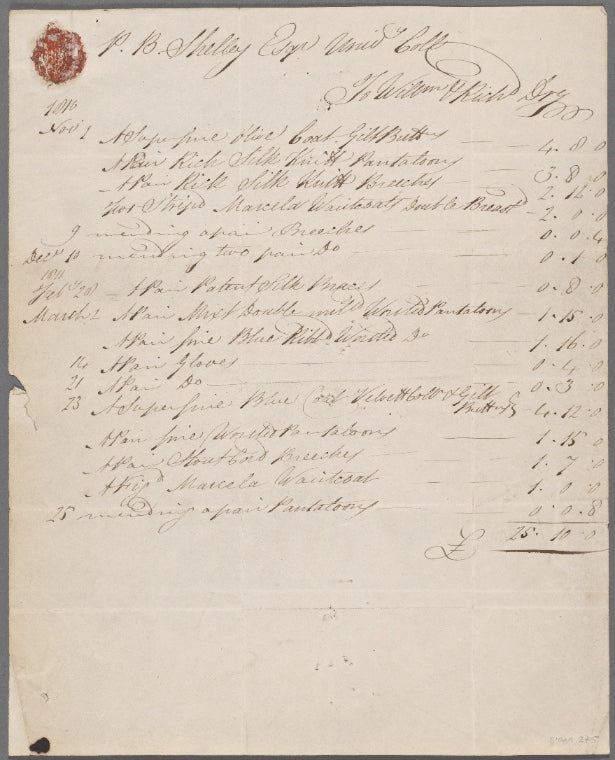 Itemized tailor bill for Percy Bysshe Shelley, 25 March 1811