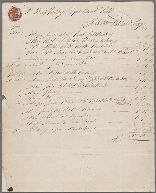 Itemized tailor bill for Percy Bysshe Shelley, 25 March 1811