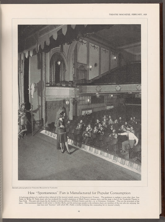 Gordon Burby, Constance Carpenter, William Gaxton, director Lew Fields, and other cast members seated during dress rehearsal for the stage production A Connecticut Yankee in the Vanderbilt Theatre as published in Theatre Magazine