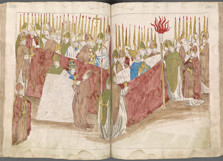 The coronation of the pope in the upper court with hundreds of bishops as retinue bearing lighted candles