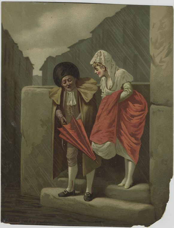 A man and woman stepping out from a building and opening an umbrella