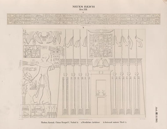 Neues Reich. Dynastie XXI. Theben [Thebes]. Karnak. Chôns [Khonsu]-Tempel T,  Vorhof D:  a. Westlicher Architrav; b. Ostwand, unterer Theil A.