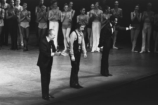 New York City Ballet production of "Concerto for Jazz Band and Orchestra" (One performance only Benefit for NYCB), George Balanchine, Doc Severinsen and Arthur Mitchell take a bow (New York)