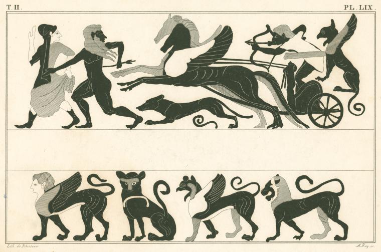 Apollo in chariot drawn by two winged horses ; Sphinx, panther, griffin and lion