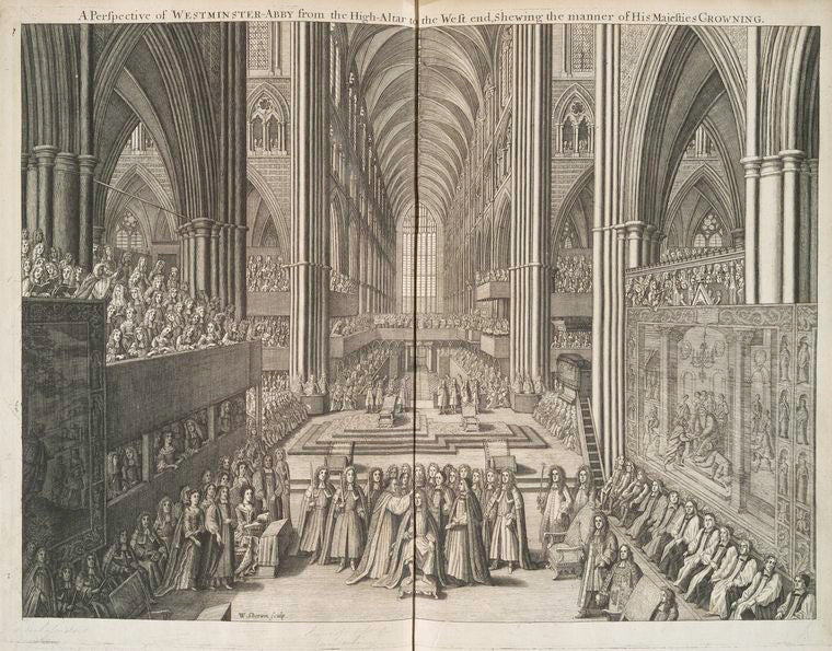 A perspective of Westminster-Abby from the high-altar to the west end, shewing the manner of His Majesties crowning.