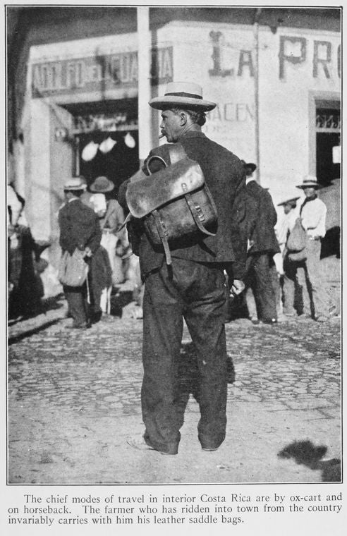 The chief modes of travel in interior Costa Rica are by ox-cart and on horseback. The farmer who has ridden into town from the country invariably carries with him his leather saddle bags.