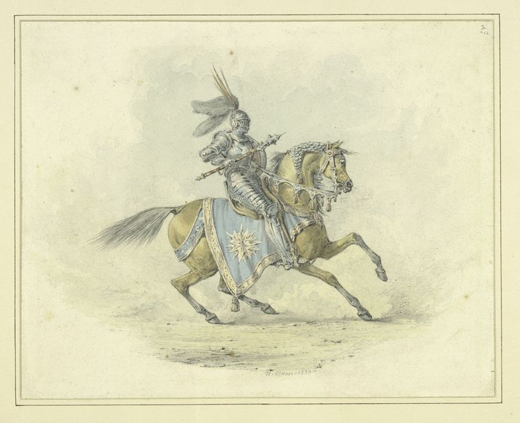 Knight in armor with mace, mounted on horse