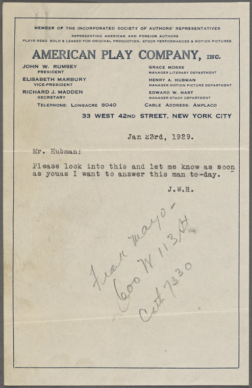 Agreements, correspondence, forms, statements from various theatrical agencies concerning Samuel Langhorne Clemens from the files of the American Play Company.: Pudd'nhead Wilson