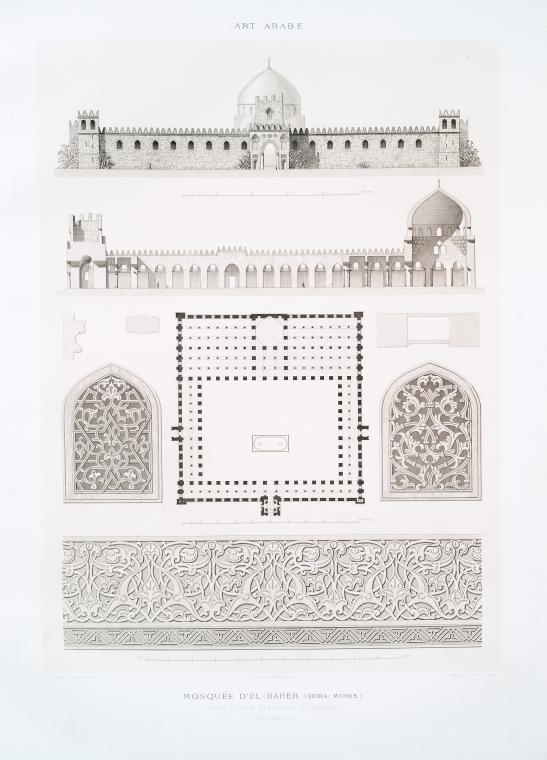 Mosquée d'El-Daher (extra muros): plan, coupe, élévation et détails (XIIIe. siècle)