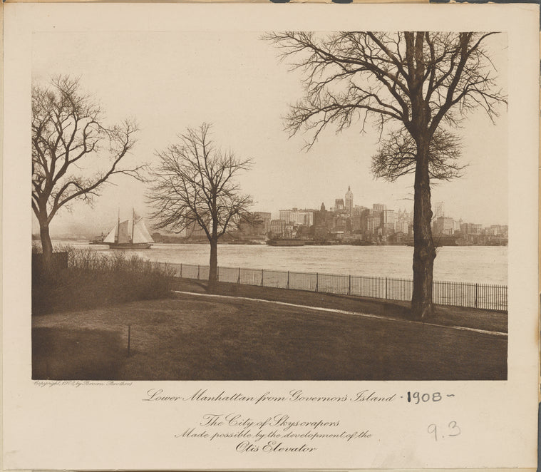 Downtown buildings, ferry, two-masted schooner