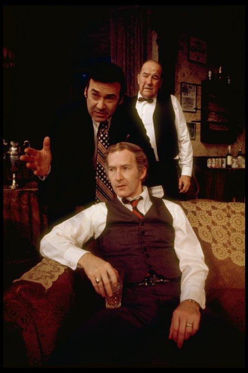 Actors (top, L-R) Joseph Mascolo & Broderick Crawford w Bernie McInerney (seated) in a scene fr. the London production of the play "That Championship Season." (London)