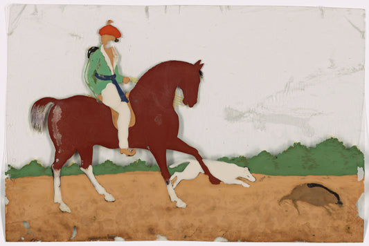 Hunting scene, rider on horse with white dog charging boar