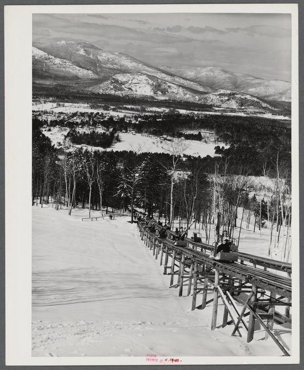 North Conway, New Hampshire, from Cranmore Mountain. Presidential range of White Mountains in distance. Skiers are taken up to the top by the skimobile. Eastern slopes ski territory