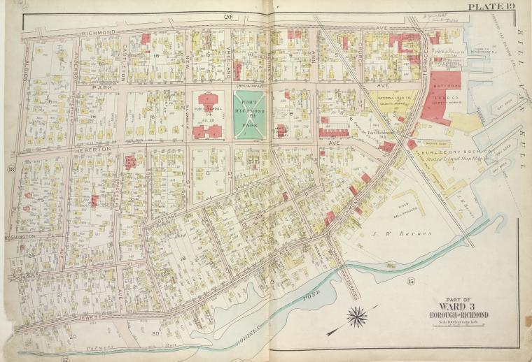 Plate 19, Part of Ward 3. [Map bound by Richmond Ave, Richmond Terrace, Pierhead and Bulkhead Line, Palmers Run/ Bodines Pond, Jewett Ave, Simonson PL, Anderson Ave (New York Ave), Washington PL, Albion PL]