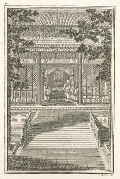 Cette Estampe représente la Salle extérieure du Temple de la Lumiere.