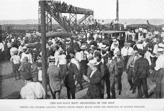 Chicago race riot - beginning of the riot; White and Negroes leaving Twenty-ninth Street beach after the drowning of Eugene Williams.