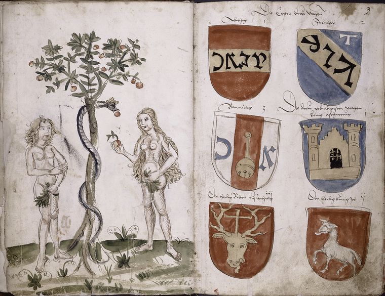 Drawing of Adam and Eve and coats of arms