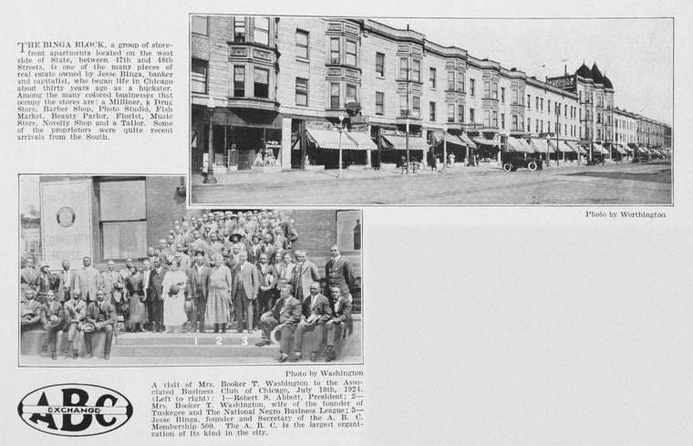 The Binga block; A visit of Mrs. Booker T. Washington to the Associated Business Club of Chicago, July 10th, 1924.