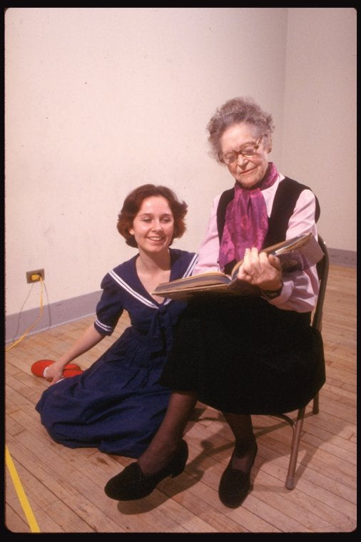 Actresses (L-R) Kate Burton & Eva Le Gallienne in a rehearsal shot fr. The Broadway revival of "Alice in Wonderland."