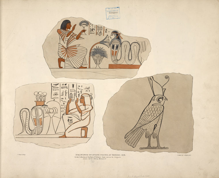 Drawings on stone found at Thebes, 1818. In the collection of the Earl of Belmore. Same size as the originals.